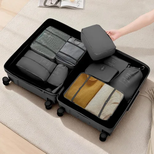 Vista 2 de Juego de cubos de equipaje de 9 piezas, organizadores de viaje que ahorran espacio, organizador de equipaje para vacaciones, negocios, cruceros