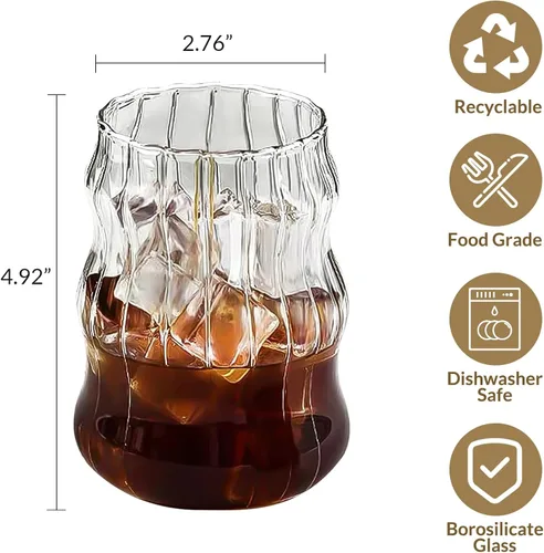 Vista 3 de 4 vasos de vidrio acanalados, cristalería vintage con popote de vidrio, taza de café helado de burbujas de 18 onzas para jugo, té, bebidas, leche