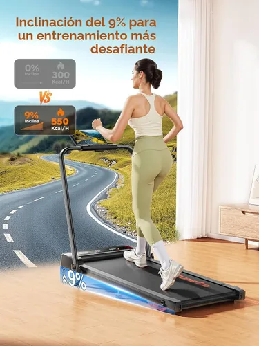Vista 2 de Walking Pad Treadmill with 9% Incline & Dual LED Display, 4 in 1 Foldable Treadmill with Handle bar for Home/Office, 3.5HP Portable Under Desk
