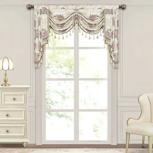 Vista 25 de Loom and Mill Cenefa de cascada de lujo de jacquard para sala de estar, elegantes cenefas de ventana con festones y cuentas damascadas, cortinas