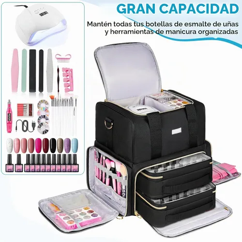 Vista 2 de Organizador de esmalte de uñas con capacidad para 80 botellas y una lámpara de uñas, estuche de transporte de esmalte de uñas con 2 bolsas Negro