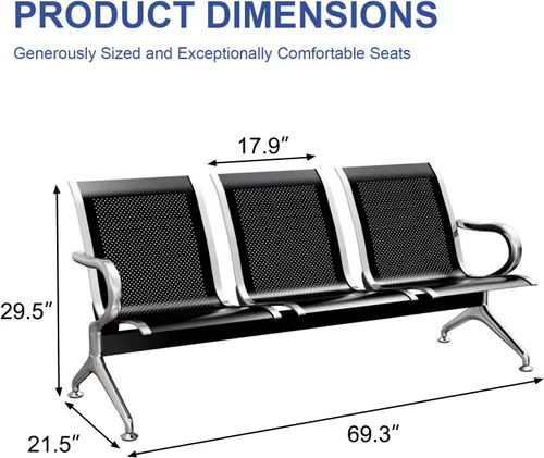 Vista 3 de KINTNESS Silla de recepción de espera - Bancos de sala de espera, silla de oficina, sillas de sala de espera resistentes con brazos de 3 asientos