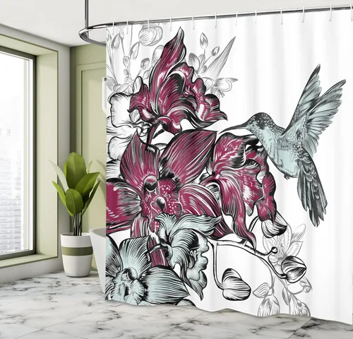 Vista 4 de Ambesonne Cortina de ducha de colibrí, ramo de flores de orquídea y un colibrí, impresión de diseño de naturaleza silvestre, juego de decoración