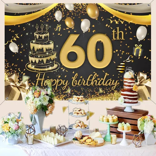 Vista 3 de Cartel decorativo de 60 cumpleaños para decoración de puerta, cartel de tela, cartel de bienvenida para fiesta de cumpleaños de 60 años, cartel