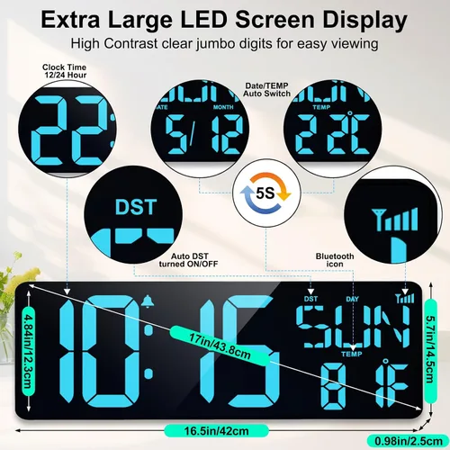 Vista 4 de XREXS Reloj de pared digital grande de 17.2 pulgadas, sincronización Bluetooth, relojes atómicos precisos con control remoto, reloj de abuelo