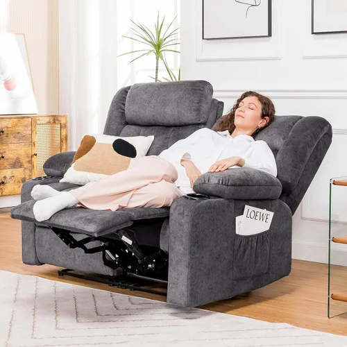 Vista 3 de COMHOMA Juegos de muebles de sala de estar, sofá reclinable manual, sofá reclinable de tela de 2 asientos, respaldo ergonómico con portavasos