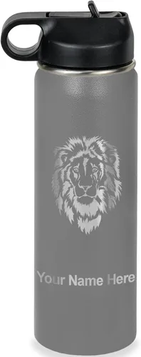 Vista 15 de LaserGram Botella de agua personalizada, cabeza de león, acero inoxidable de doble pared aislada al vacío con popote superior, regalo grabado