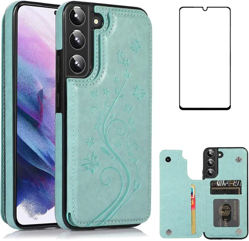 Vista 13 de Asuwish Glaxay S22 - Funda para Samsung Galaxy S22 5G con protector de pantalla de vidrio templado, soporte de cuero con tarjetero, doble cierre