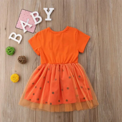Vista 4 de Vestido de princesa de Halloween para niña, diseño de calabaza, sonrisas de calabaza, lunares, falda de tul con lazo, vestidos de fiesta