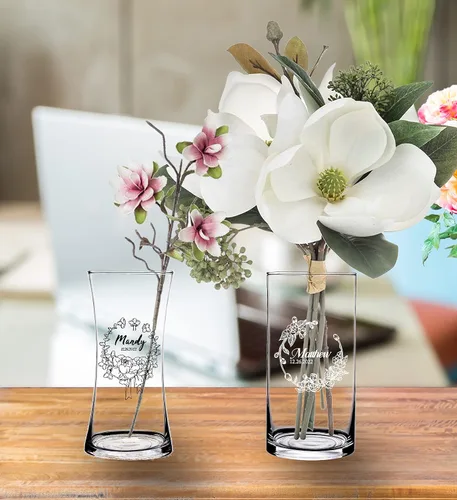 Vista 3 de Juego de 2 jarrones de flores, jarrón transparente personalizado, elegante jarrón de vidrio para regalo para bodas, jarrones de vidrio para parejas