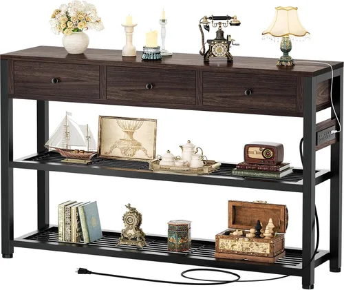 Vista 13 de Ecoprsio Mesa de Entrada con Tomacorrientes y Puertos USB, Mesa Consola con 2 Cajones, Mesa de Sofá Pequeña con Estantes de Almacenamiento para Sala