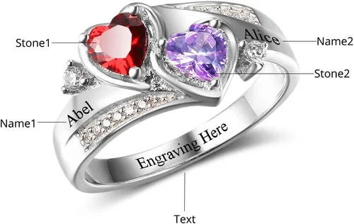 Vista 2 de Anillo de plata de ley con piedras de nacimiento, anillos de piedra natal personalizados para mujeres, mamá, nombres grabados, anillos de promesa