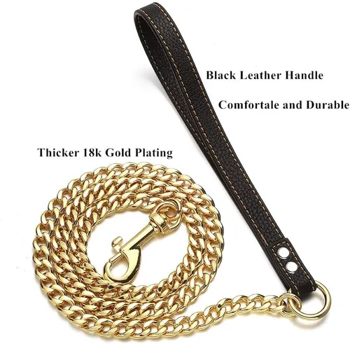 Vista 4 de Correa dorada para perro de 0.433 in, correa de metal resistente para mascotas, correa de cadena de acero inoxidable chapada en oro de 18 quilates