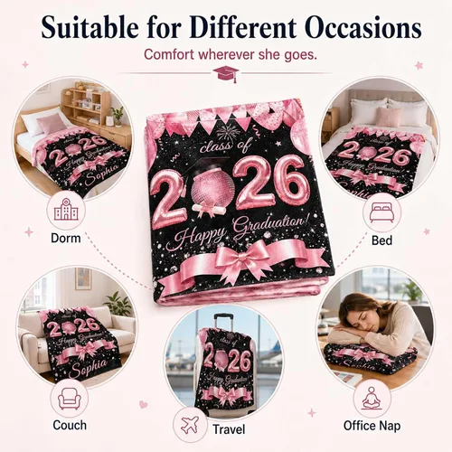 Vista 7 de Karenmok Personalized Graduation Blanket 2026, Custom Name Class of 2026 Flannel Throw Blanket