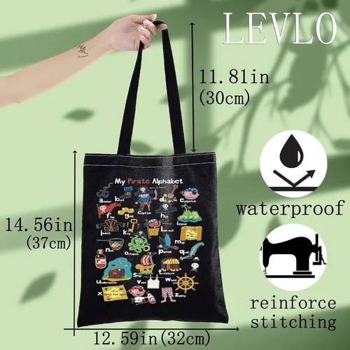 Vista 3 de LEVLO Pirate Life - Bolsa de lona con texto en inglés "Pirate Life", regalo inspirado en la cita de pirata, bolso de hombro con alfabeto A-Z