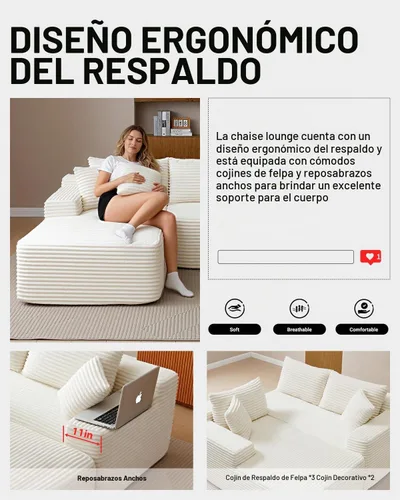 Vista 7 de Sofá modular sin huesos, sofá modular de 108 pulgadas con asiento profundo, sofás de pana en forma de U con diván izquierdo para sala de estar,