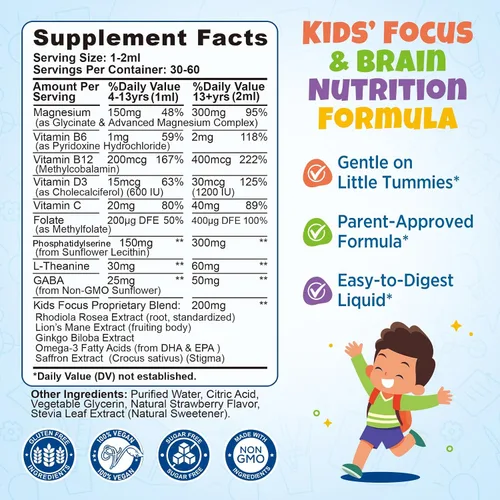 Vista 8 de Suplementos de concentración y atención para niños con fosfatidilserina, L-teanina, omega-3 y glicinato de magnesio, vitaminas cerebrales