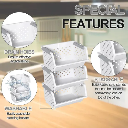 Vista 3 de Cestas de almacenamiento apilables de plástico de 3 niveles, cesta apilable para organizar alimentos, aperitivos, color blanco Plastic Kitchen