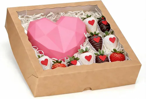 Vista 7 de TEMLQPACK 6 piezas cajas de panadería marrones de 10 x 10 x 2.5 pulgadas con ventana, tartas, galletas, fresas cubiertas de chocolate, corazón