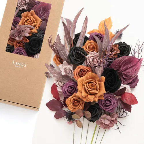 Vista 25 de Ling's moment Caja de Flores Falsas, Tallos de Vegetación Artificial Falsa Rosas de Espuma Dalia Hortensia de Seda Peonía Flor de Tela para Centros