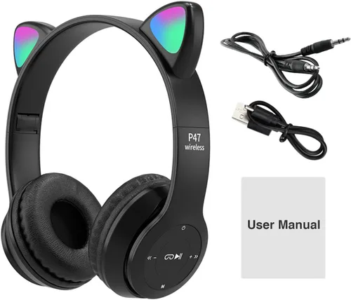 Vista 2 de IUYYPU auriculares de gato auriculares para juegos, auriculares inalámbricos para juegos lindos orejas de gato con luces LED, auriculares plegables