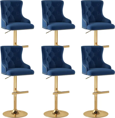 Vista 23 de Juego de 2 taburetes de bar de terciopelo, altura ajustable, base de metal dorado, beige Diseño de cabeza de clavo, función giratoria, ideal