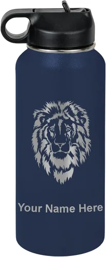Vista 56 de LaserGram Botella de agua personalizada, cabeza de león, acero inoxidable de doble pared aislada al vacío con popote superior, regalo grabado