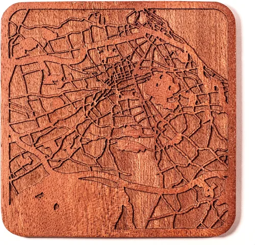 Vista 101 de Posavasos Amsterdam Map by O3 Design Studio, 1 pieza, posavasos de madera Sapele con mapa de la ciudad, hecho a mano, varias ciudades opcionales