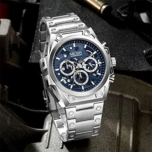 Vista 6 de MEGIR Reloj de pulsera para hombre, de acero inoxidable, impermeable, analógico, de cuarzo, para hombre