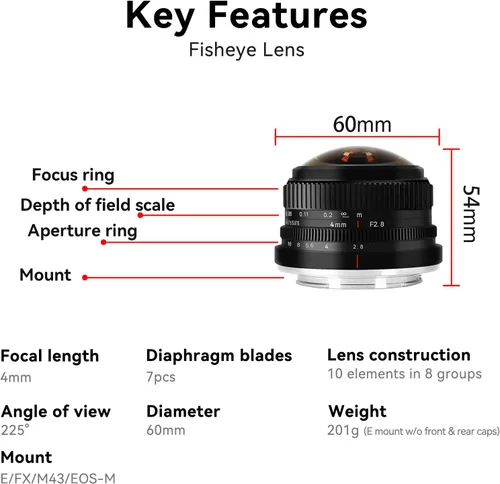 Vista 8 de 7Artisans - Objetivo ojo de pez de 4mm F2.8 Ultra Gran Angular Lente Manual Compatible con cámaras sin espejo de montaje M4/3 para Panasonic GH3 GH4