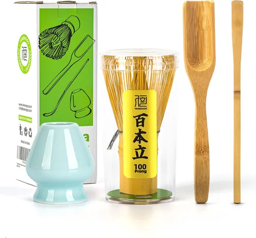 Vista 8 de TEANAGOO Set de Batidor de Matcha, Batidor de Bambú Matcha (100 puntas) con Soporte Negro, Set de Inicio Tradicional de 6 Piezas, Cuchara