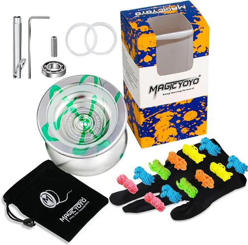 Vista 5 de Yoyo profesional Yoyo N11 verde plateado, Yoyo de aleación de metal para niños/jugador avanzado+guante Yo Yo + bolsa Yoyo+12 cuerdas Yoyo