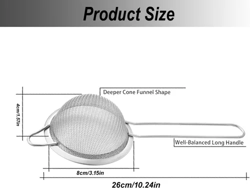 Vista 6 de Coladores de malla fina para cocina, colador pequeño de metal de acero inoxidable, colador de cóctel, colador de jugo de té, café, colador