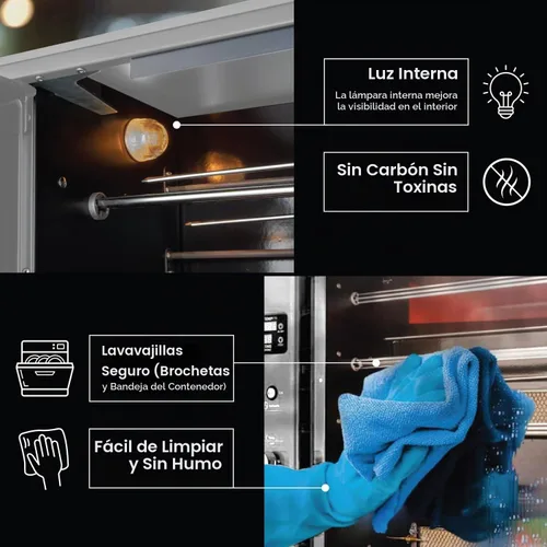 Vista 9 de Asador de llama brasileña para interiores o exteriores, con 2 pinchos giratorios automáticos para pollo, filete, pescado, barbacoa