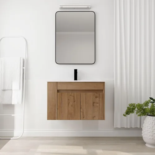 Vista 8 de Tocador de baño flotante de 12 pulgadas con fregadero, tocador de pared de 12 pulgadas, tocador de esquina, con 1 puerta y lavabo de cerámica