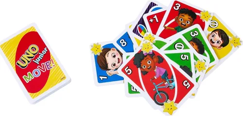 Vista 5 de Mattel Games UNO Junior Move - Juego de cartas para niños con reglas de acción para noche familiar, noche de juegos, viajes, campamento y fiesta