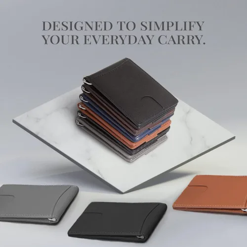 Vista 6 de Billeteras de piel de vaca genuina con bloqueo RFID y bolsillo frontal minimalista para hombres con clip para dinero Negro Cartera delgada Rfid