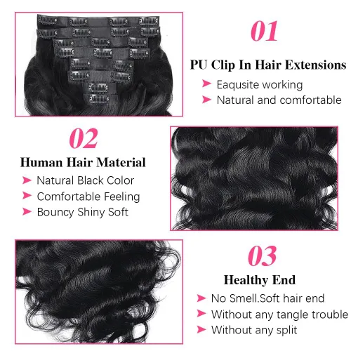 Vista 4 de Extensiones de cabello ondulado con clip, 8 piezas con 20 clips, 3.53 oz, 100 % sin procesar, extensiones de cabello humano Remy con clip, 18