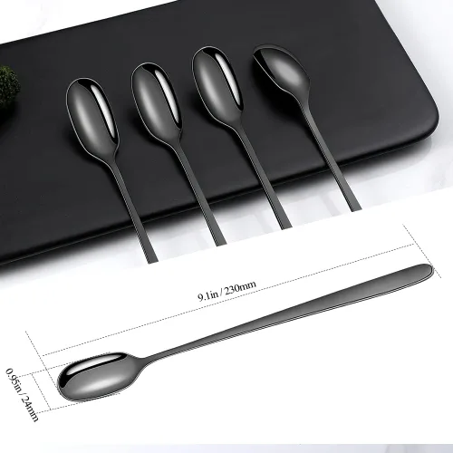 Vista 3 de Cucharas de té helado de mango largo, juego de 4, cucharas de café de acero inoxidable mate negro de 9.1 pulgadas, utensilios de agitación larga