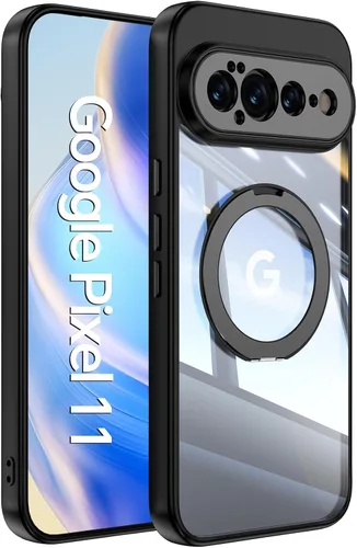 Vista 43 de 【Soporte magnético giratorio de 360°】 Funda para Google Pixel 9 【Compatible con MagSafe y Pixelsnap】 Funda con soporte de anillo 【Cristal Negro