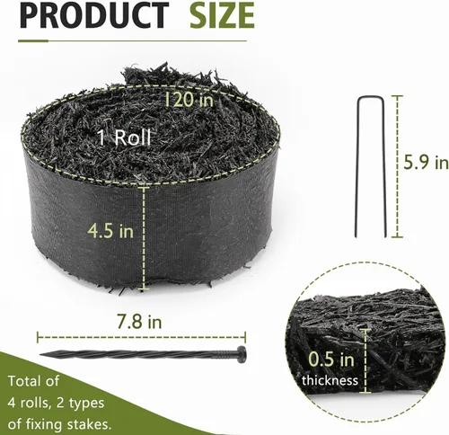 Vista 3 de LukLoy Paquete de 4 mantillo de goma negra de 120 pulgadas de largo x 4.5 pulgadas de ancho para paisajismo con estacas de fijación, rollo de tapete