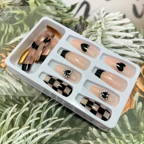 Vista 6 de Uñas postizas a presión de longitud media – 24 piezas de acrílico artificial reutilizables de cobertura completa para mujeres, diseño de corazón