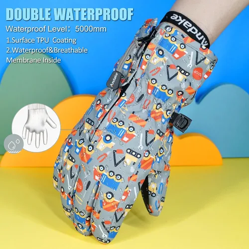 Vista 4 de Andake - Guantes de nieve impermeables y transpirables para niños de 2 a 7 años, guantes abrigados de esquí para invierno, mitones para niños y niñas