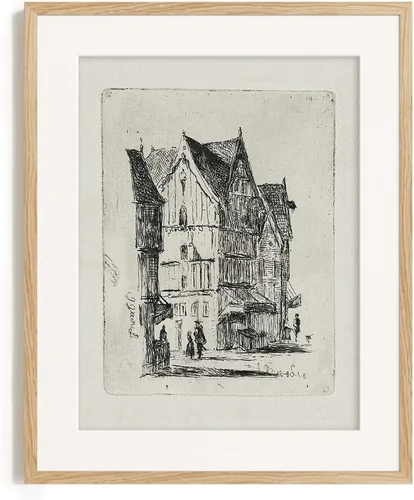 Vista 4 de Dibujo de Edificios de Ciudad en Estilo Rústico en Gris - Grabado de Arquitectura Urbana en Poster - Arte de Pared Vintage de Granja - Bosquejo Gris