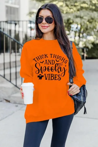 Vista 3 de MAXIMGR Sudadera de Halloween para mujer, sudadera divertida con estampado de letras, suéter de cuello redondo con estampado de fantasmas de otoño