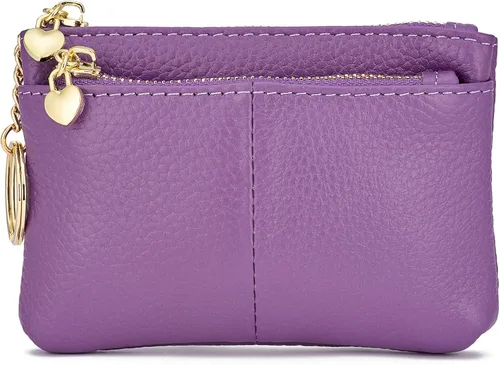 Vista 9 de Mini monedero con cremallera de cuero genuino para mujer, con llavero con triple cremallera, tarjetero Negro