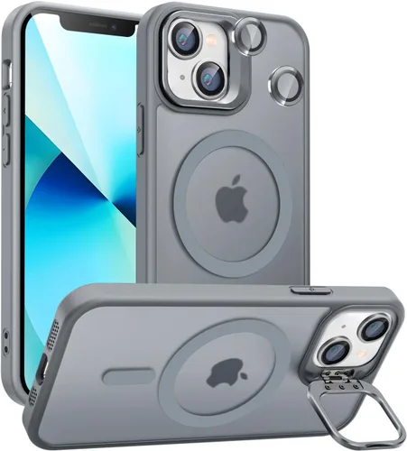 Vista 13 de Funda magnética para iPhone 11 con soporte, compatible con Magsafe, protección militar y protector de lente de cámara, funda translúcida mate