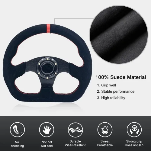 Vista 2 de Volante de carreras de 13"/325mm en forma de D, de piel de ante, con franja roja, estilo carrera, fondo plano, con costuras rojas y botón de bocina
