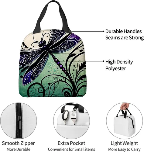 Vista 5 de OOZ Lonchera térmica para mujeres y hombres, para el trabajo, linda libélula en negro y morado, reutilizable, a prueba de fugas, para adultos, bolsa