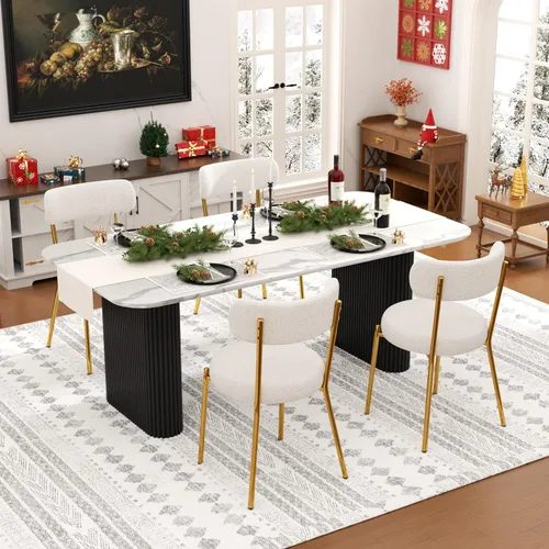Vista 29 de Juego de mesa de comedor ovalada negra moderna de 70.9 pulgadas para 4, mesa de cocina rectangular estilo crema con sillas negras Boucle, juego